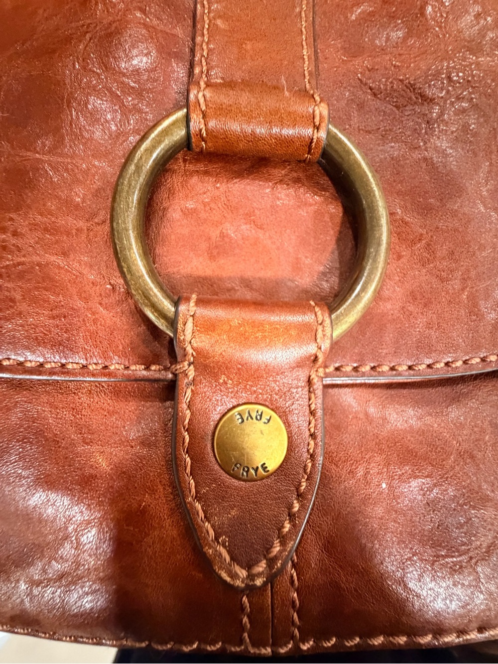 FRYE Rustic Brown Leather Shoulder Bag with Brass Ring Accent